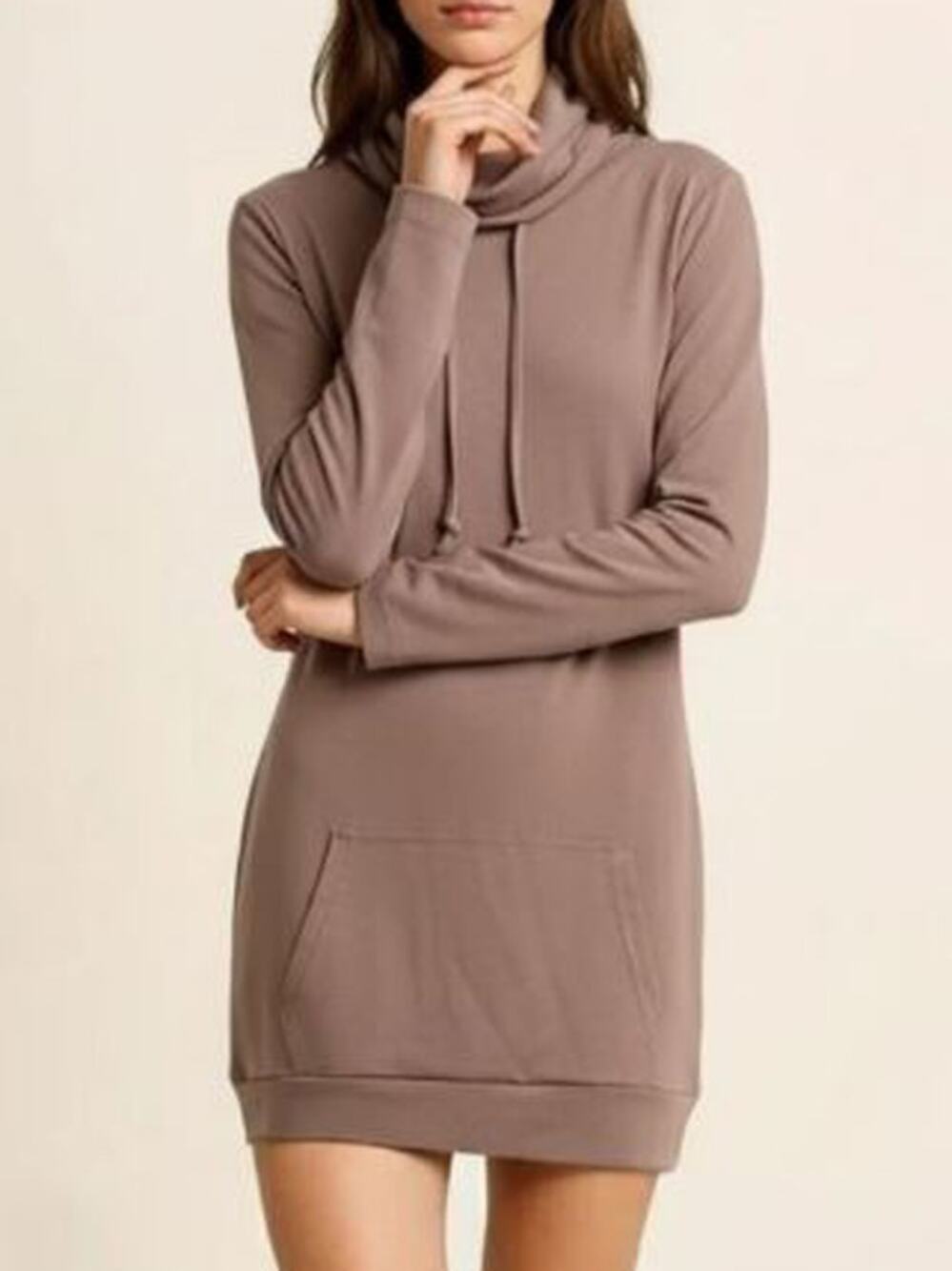 Lily & Lottie Tan Brown Funnel Neck Hoodie Long Sleeve Thumbholes Dress Womens M